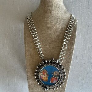 Silver and Blue Vintage Ganesh Pendant  Necklace